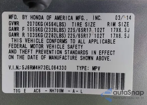 2014 Honda Cr-V Exl from USA, damaged, VIN 5J6RM4H73EL064330